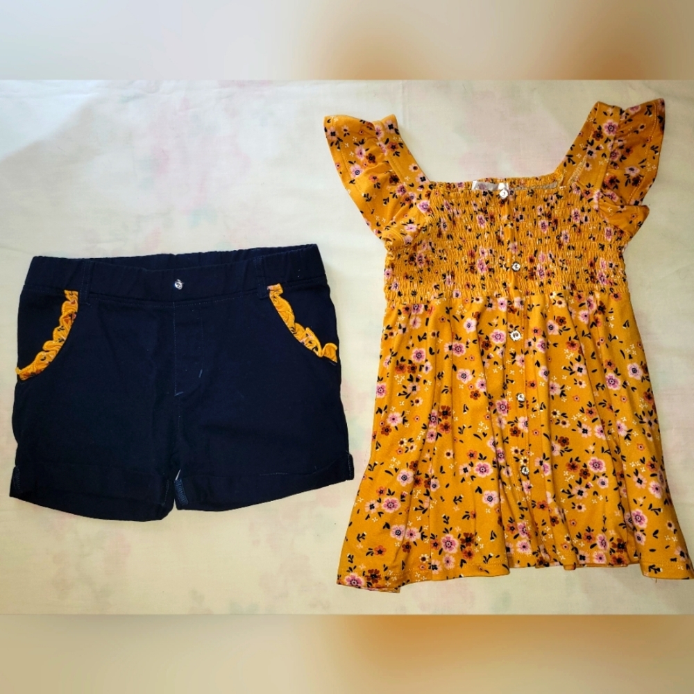 Nanette Kids, sz 6, yellow blouse with flowers, blue shorts with pocket ruffles